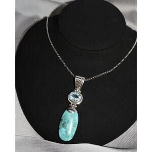 Vintage Sterling Silver Turquoise & Blue Topaz Necklace 13.1G / 20-22in